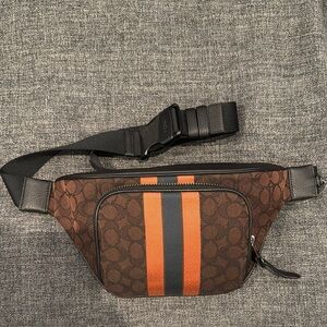Coach Brown and Orange Belt Bag with Monogram Pattern